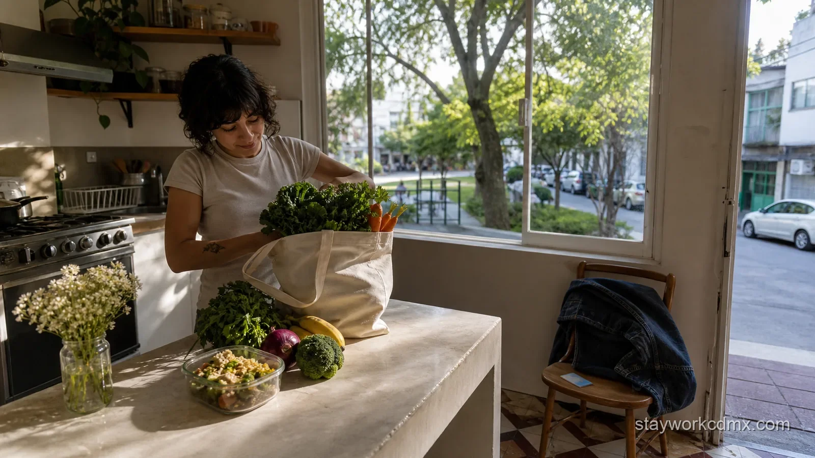 A Roma Norte resident sets groceries and a simple lunch on an apartment counter after a transit-and-errand break.