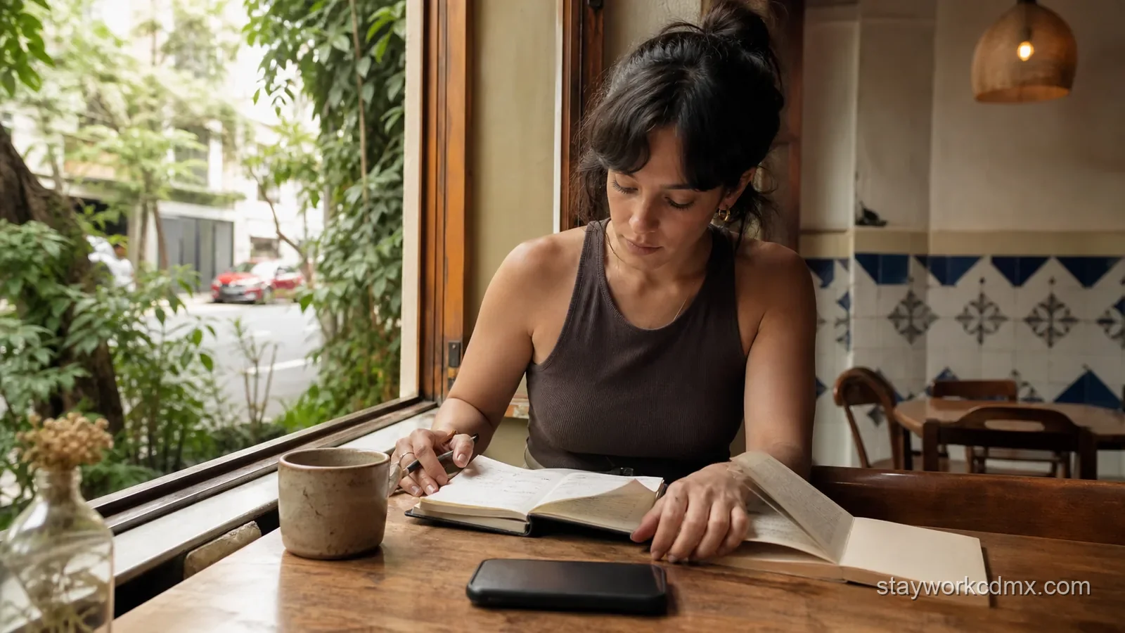 A remote worker uses a quiet Roma Sur café for brief paper planning and reading after an important call.