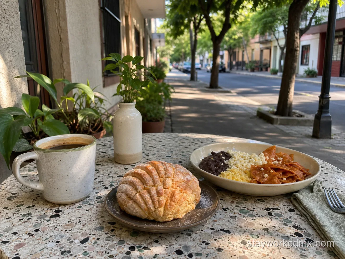 Coffee and Mexican breakfast on a quiet terrace in Roma Sur, Mexico City