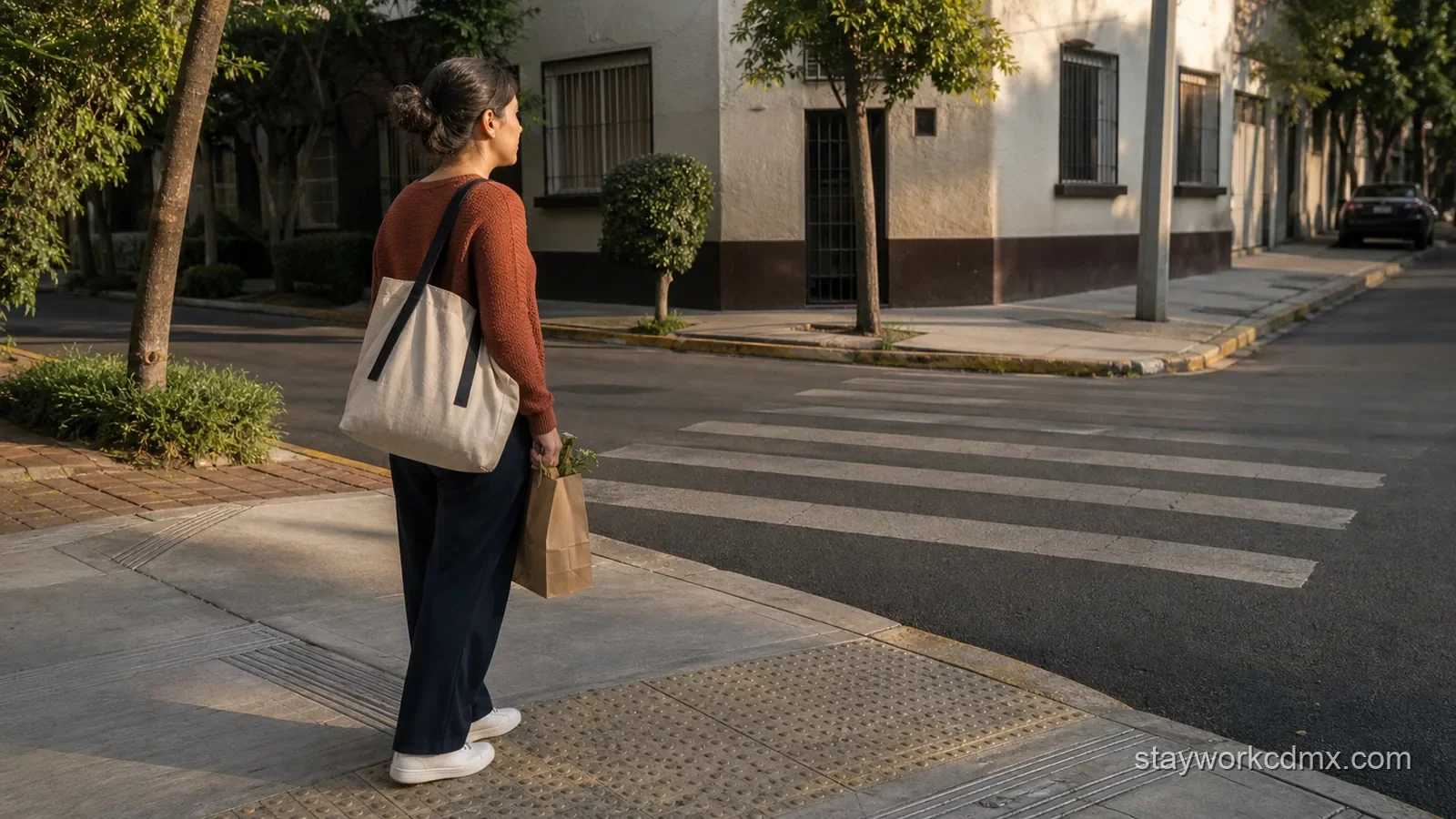 A remote worker carrying a work bag and small grocery bag pauses at a curb ramp before crossing a quiet Roma Sur street.