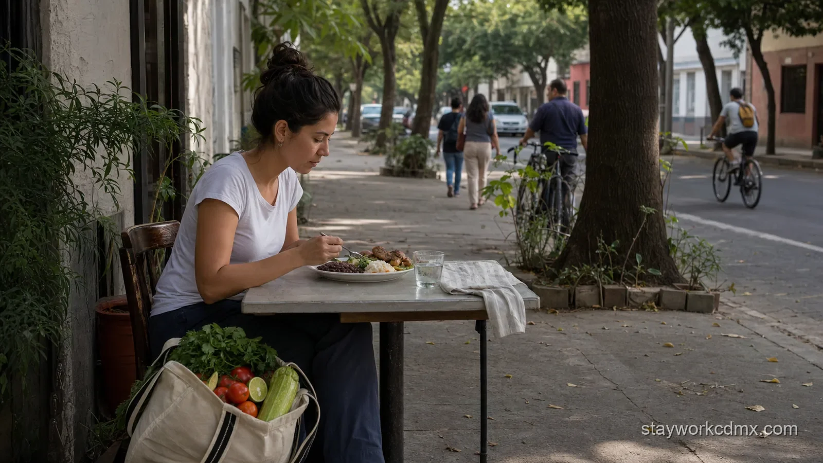 A Roma Sur resident enjoys a simple neighborhood lunch beside market ingredients on a shaded residential street.