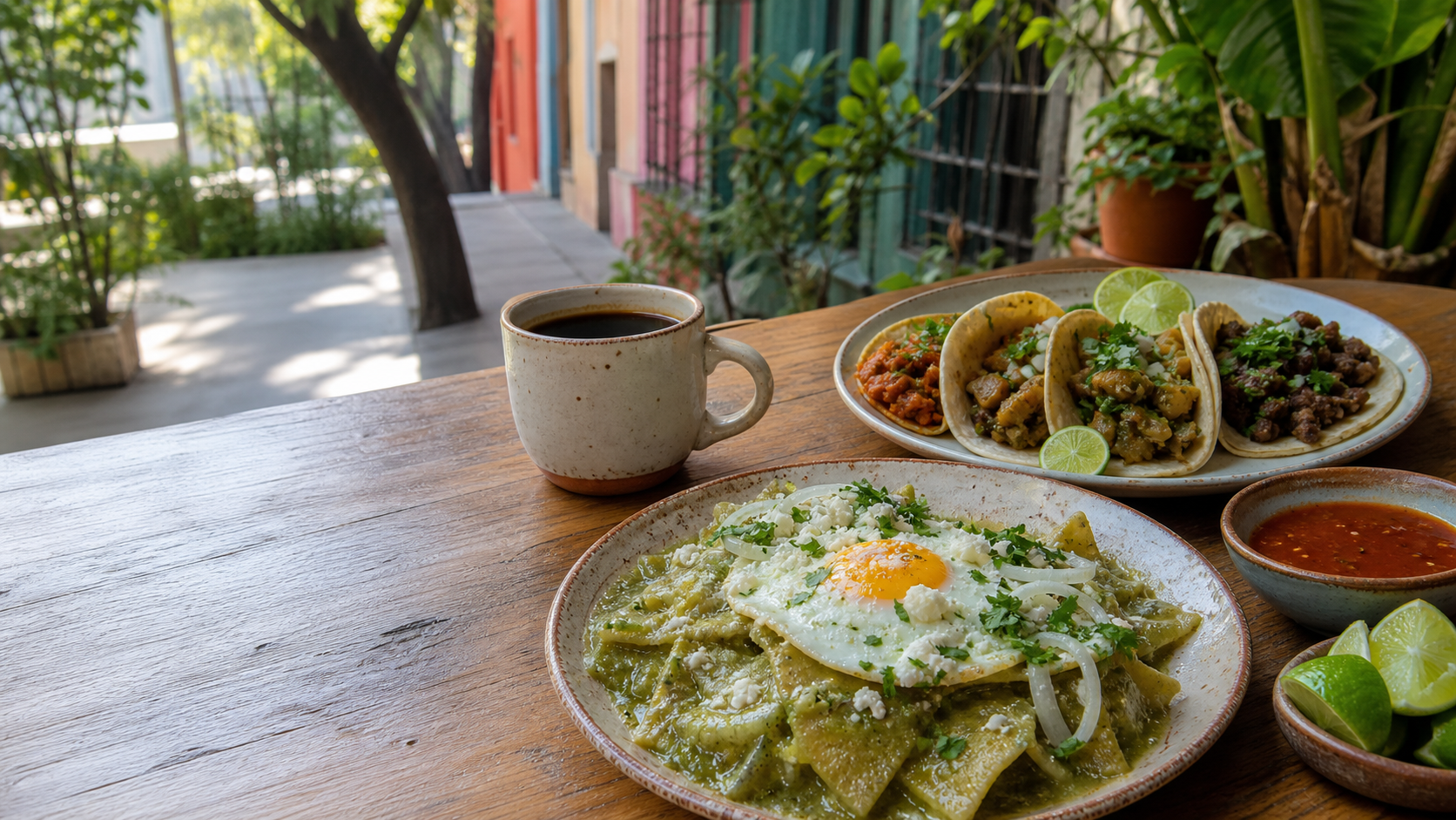 Chilaquiles, tacos de guisado and coffee on a neighbourhood table in Roma Sur, Mexico City