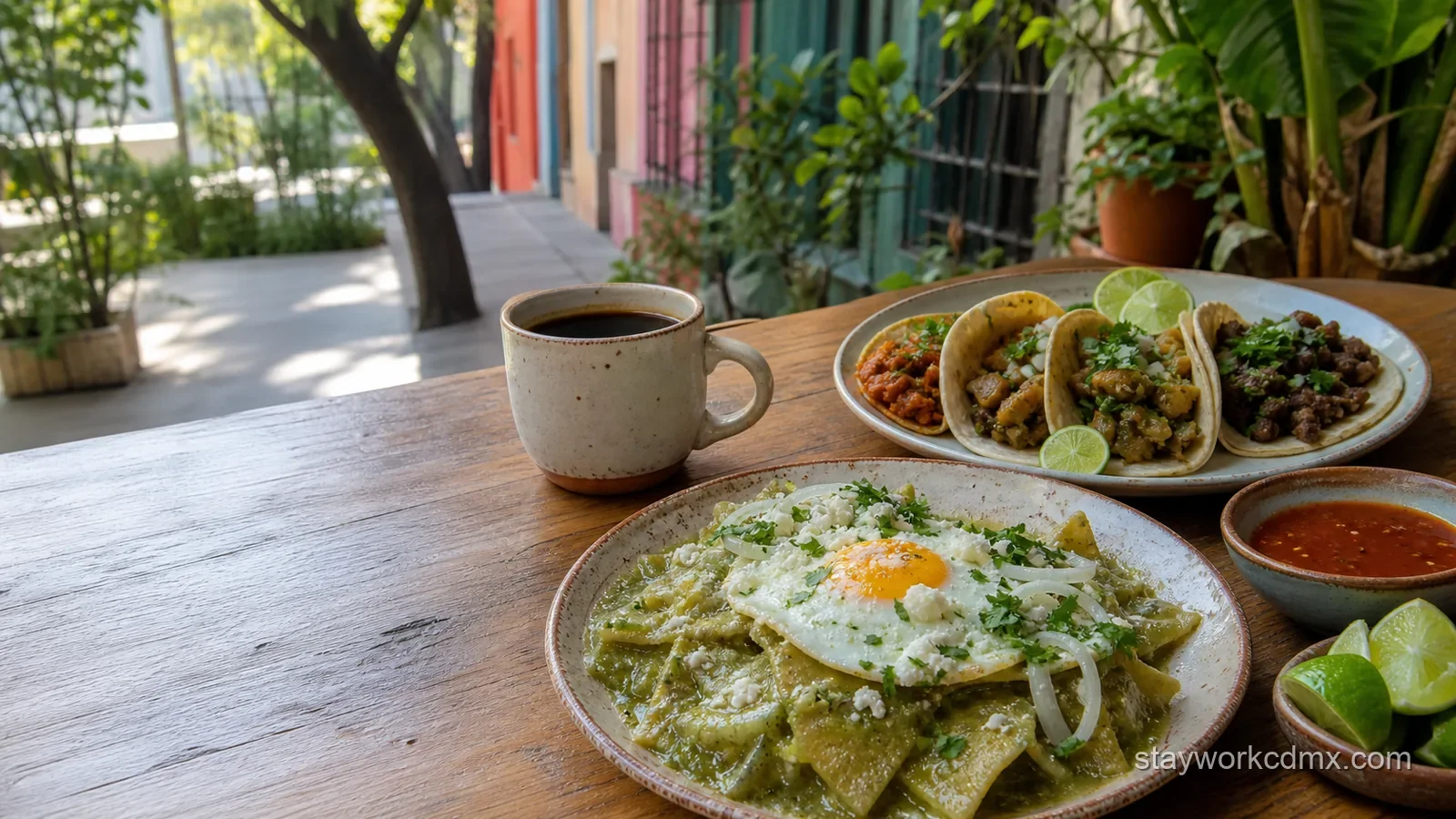 Chilaquiles, tacos de guisado and coffee on a neighbourhood table in Roma Sur, Mexico City