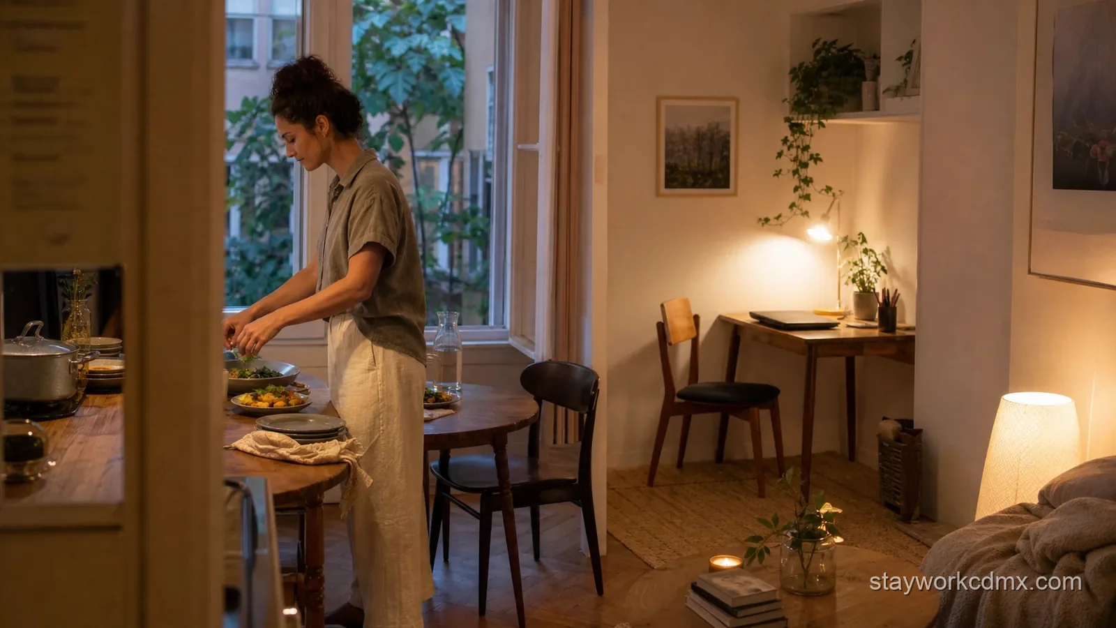 A resident prepares a simple evening meal in a furnished Roma Sur apartment with a separate quiet work area in the background.