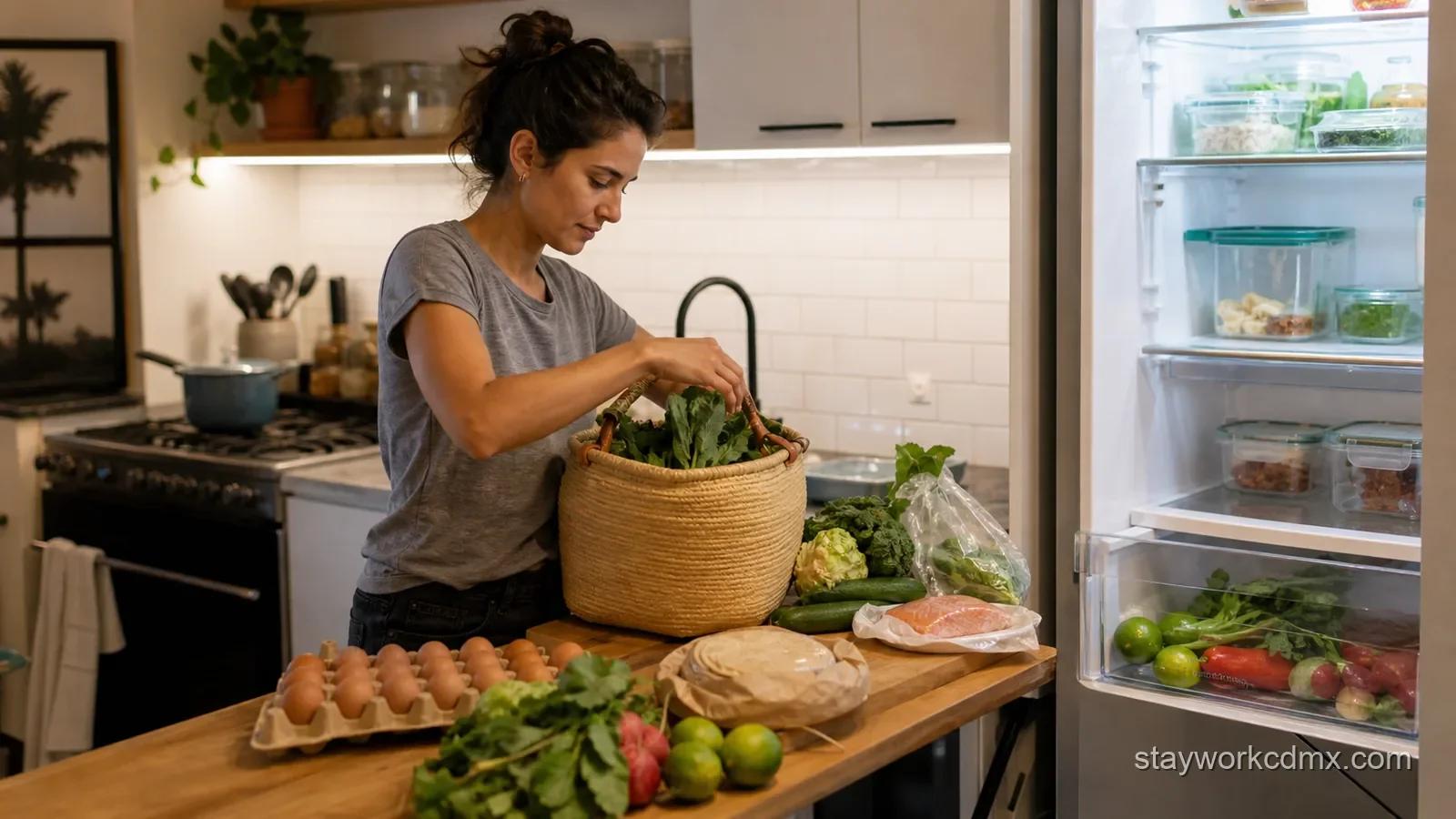 A cost-aware remote worker unpacks fresh market groceries for several home-cooked meals in a Roma Sur furnished apartment kitchen.