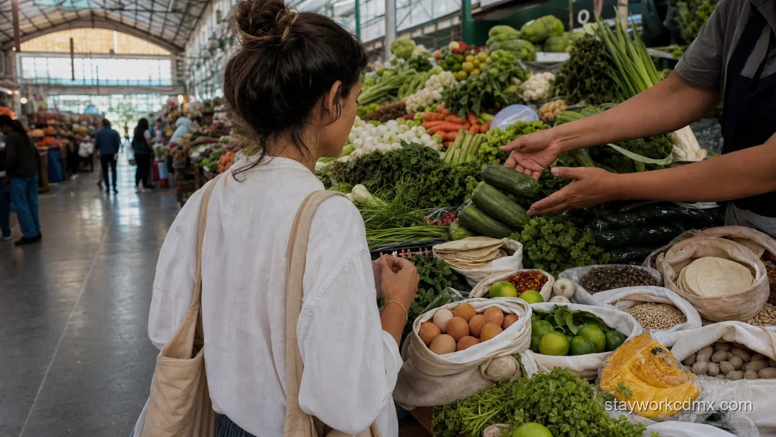 A long-stay visitor selects versatile produce, beans, herbs, eggs, and tortillas for several home-cooked meals at Mercado Medellín in Roma Sur.
