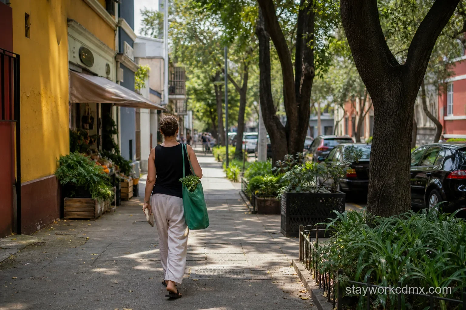 A Roma Sur garden street walk with a reusable market bag