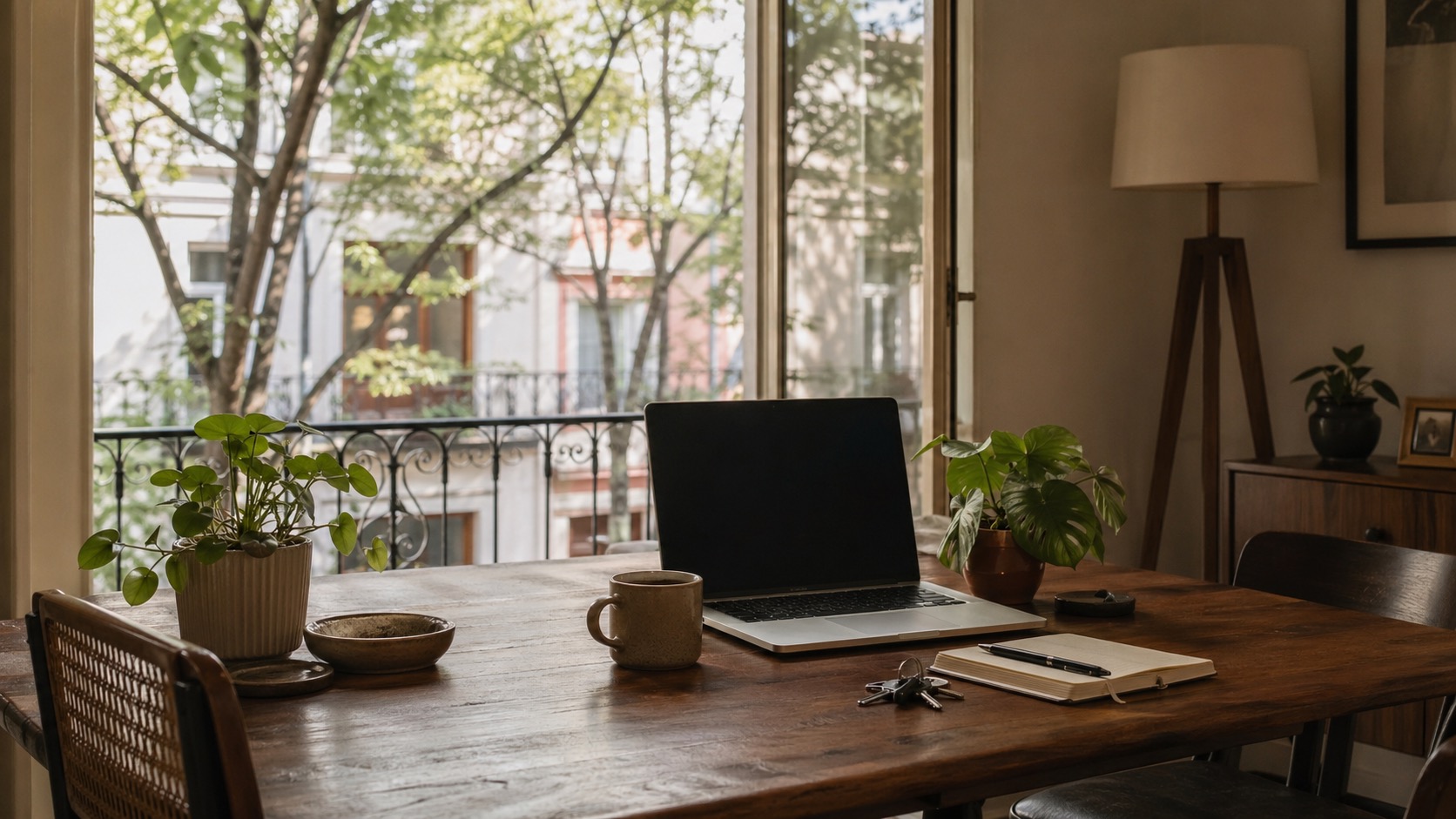 Rutina de trabajo en departamento de Roma Sur con laptop, plantas de balcon y vista a calle residencial arbolada.