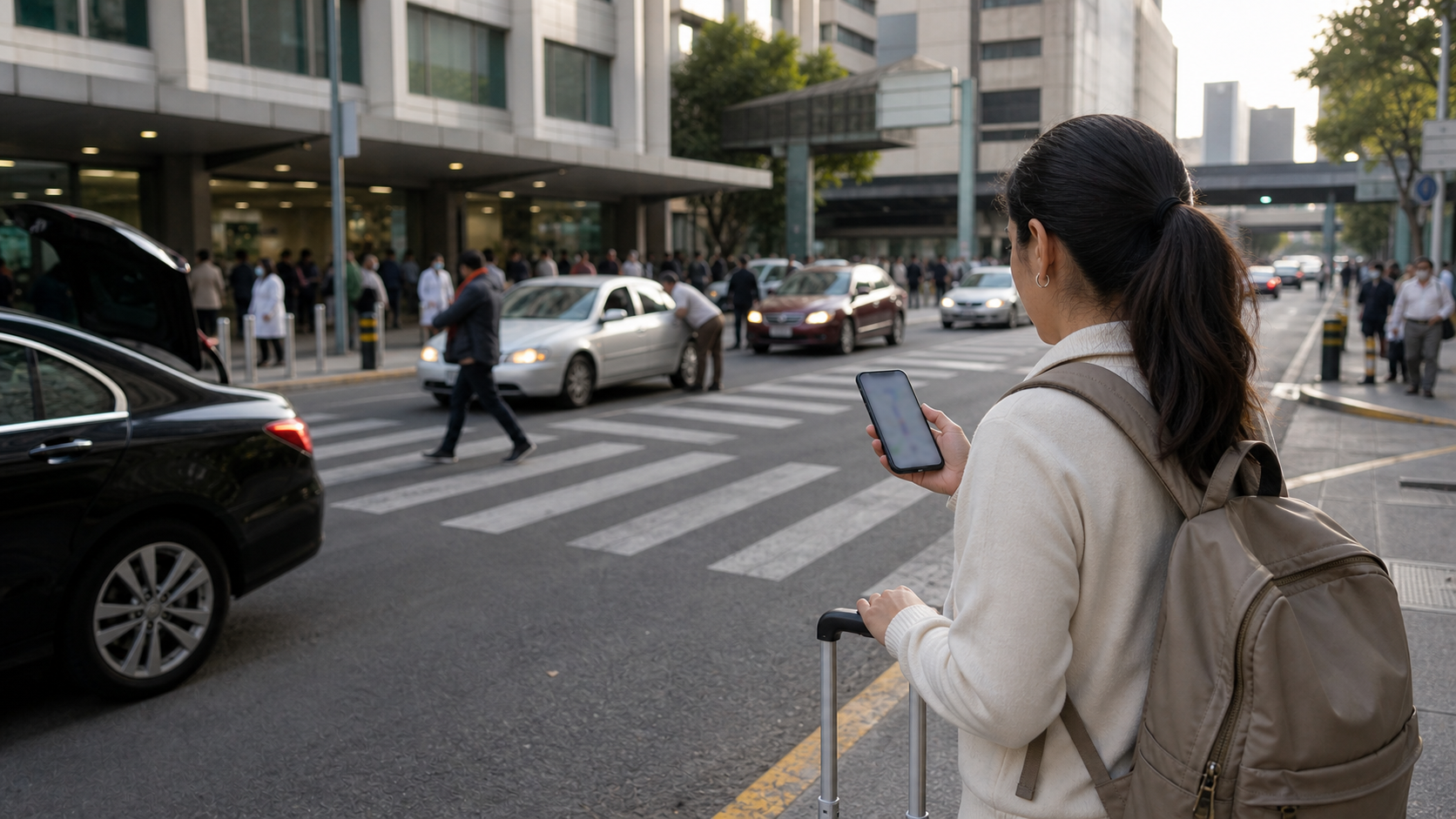 Guest checks a phone map outside a hospital-district entrance while planning routes for a monthly stay near Hospital General de Mexico.