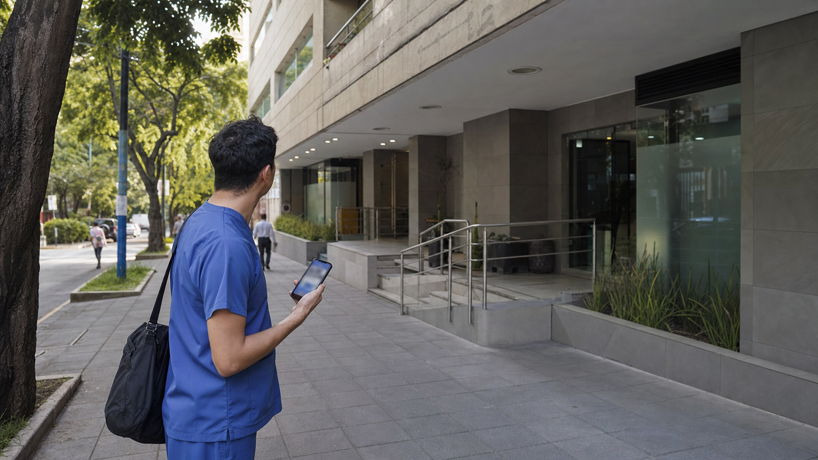 Visiting clinician checking a real apartment-to-hospital entrance route near Narvarte before a monthly medical stay in CDMX.