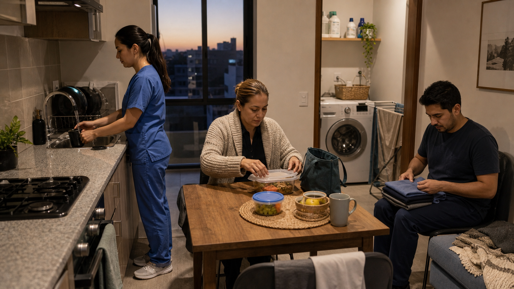 Month-long Hospital General support routine in a furnished Mexico City apartment with kitchen, laundry, workspace, and quiet rest area.