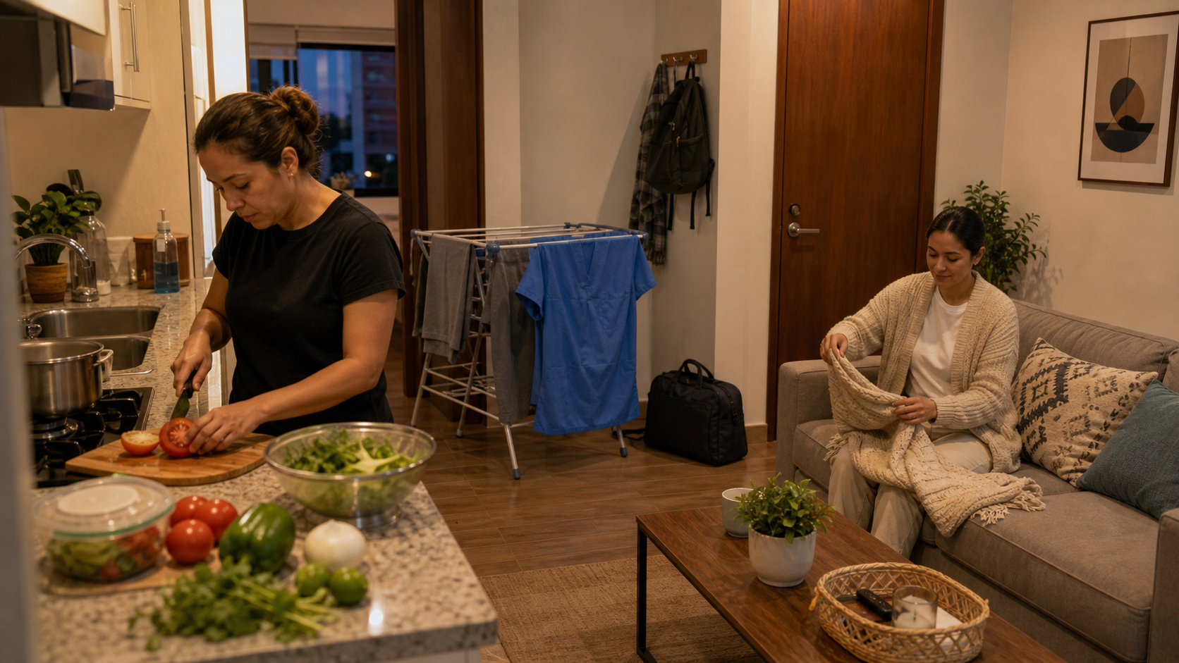 Furnished CDMX apartment routine with cooking, laundry, scrubs, and rest space for residents and patient families comparing Centro Medico and La Raza hospital stays.