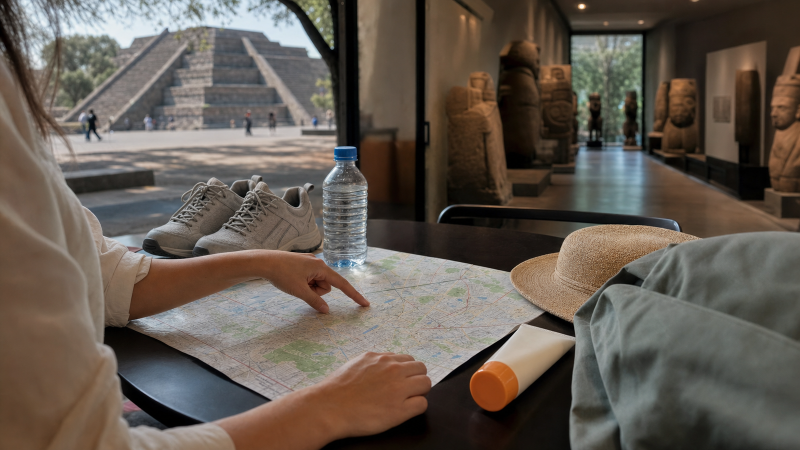 Viajero comparando una salida exigente a Teotihuacán con una visita más contenida al Museo de Antropología antes de recuperar energía el sábado en CDMX.