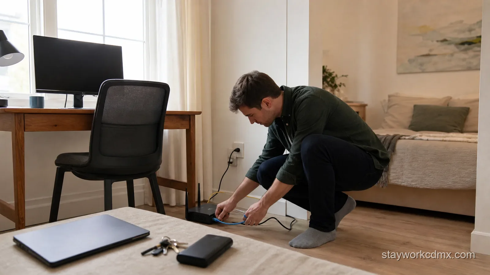 Remote worker testing the private Wi-Fi router beside a real desk in a furnished San Rafael apartment before settling in.