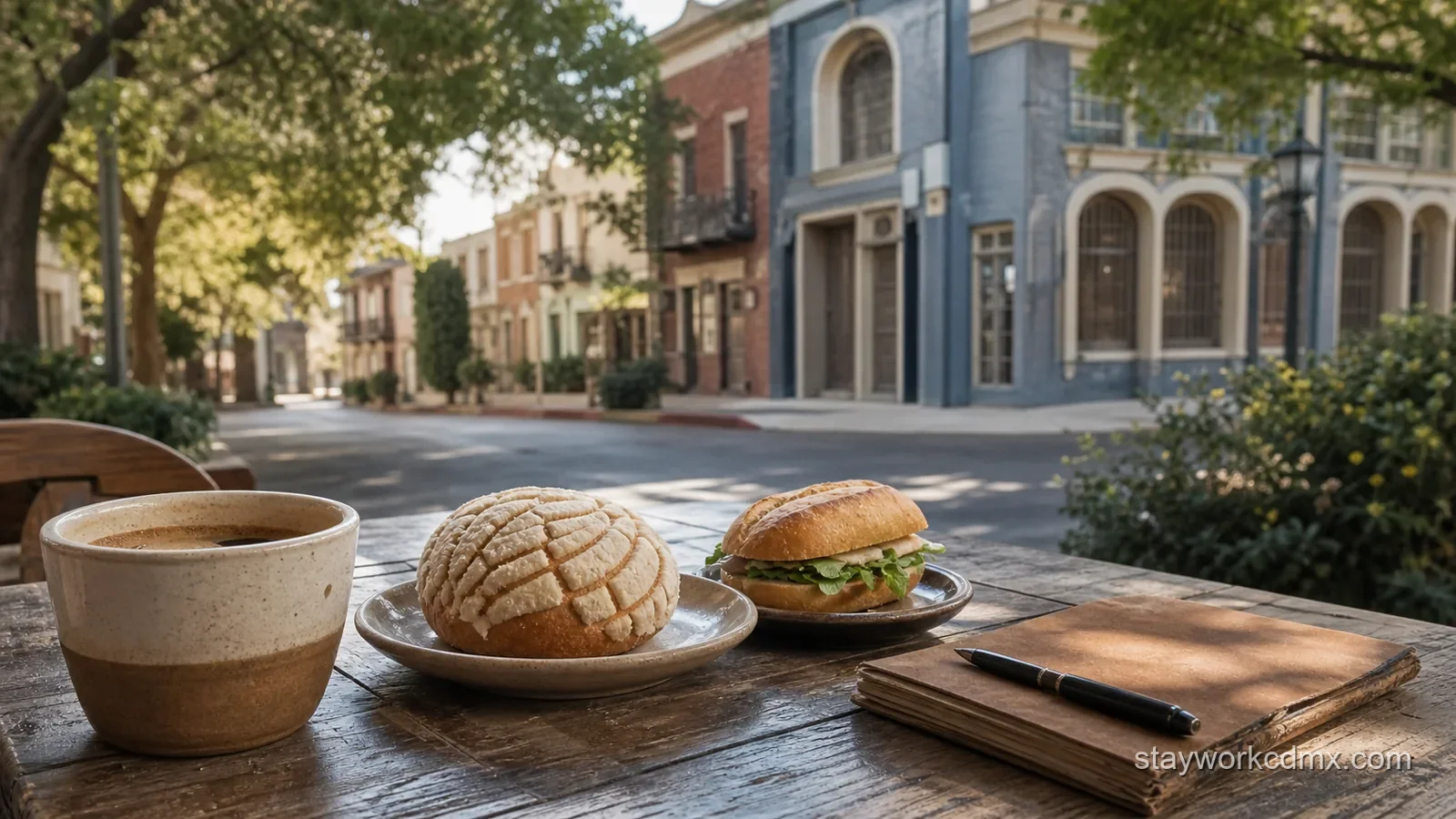Coffee, pan dulce and a sandwich on a quiet San Rafael street