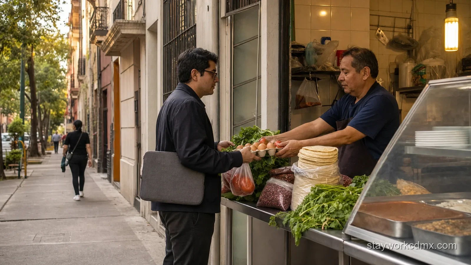 A remote worker collects eggs, vegetables and tortillas at a small San Rafael grocer during an everyday cook-first errand loop.