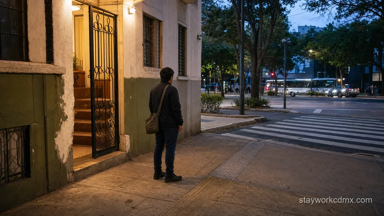 A traveler with a small bag checks the curb ramp and crossing between an older San Rafael apartment building and a transit route at early evening.