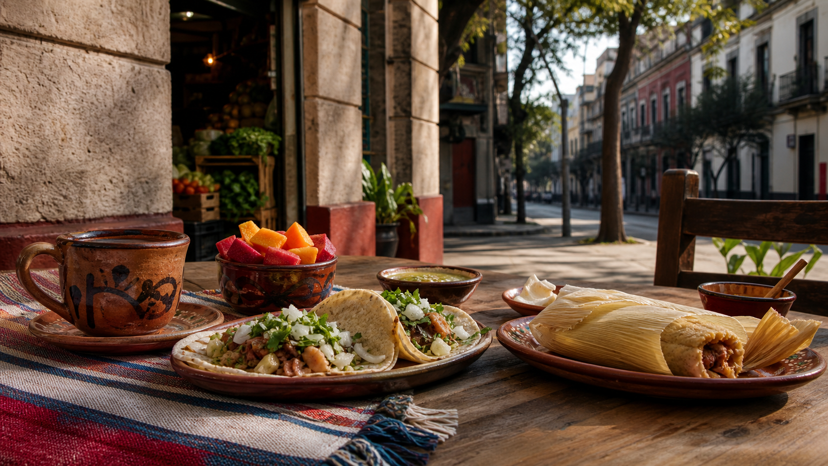 Tacos, tamal, fruit and coffee on a historic San Rafael street in Mexico City