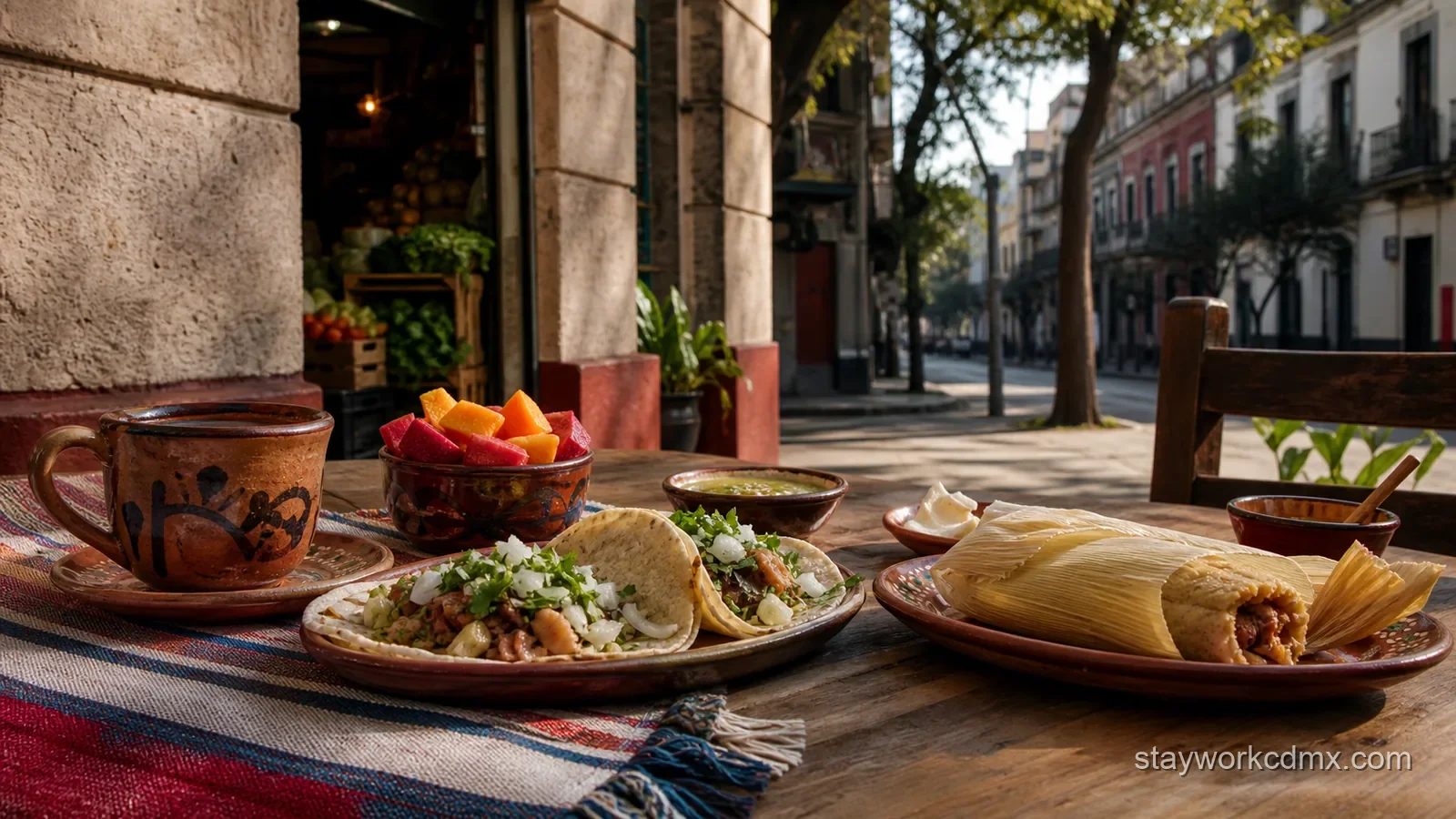 Tacos, tamal, fruit and coffee on a historic San Rafael street in Mexico City
