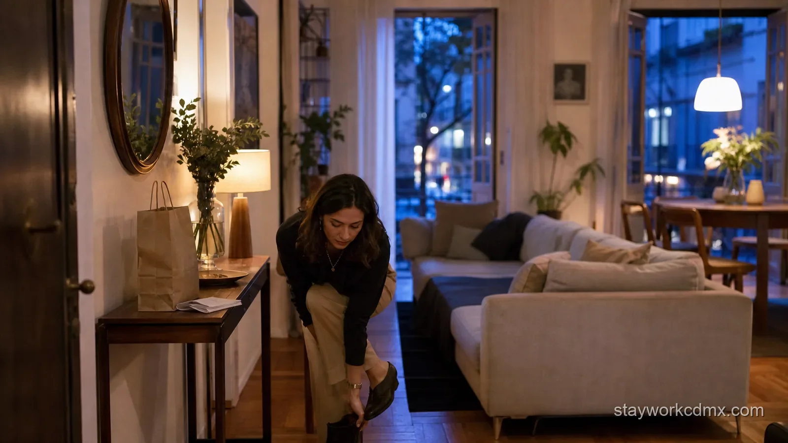 Resident returning to a calm furnished San Rafael apartment after a planned meal out.