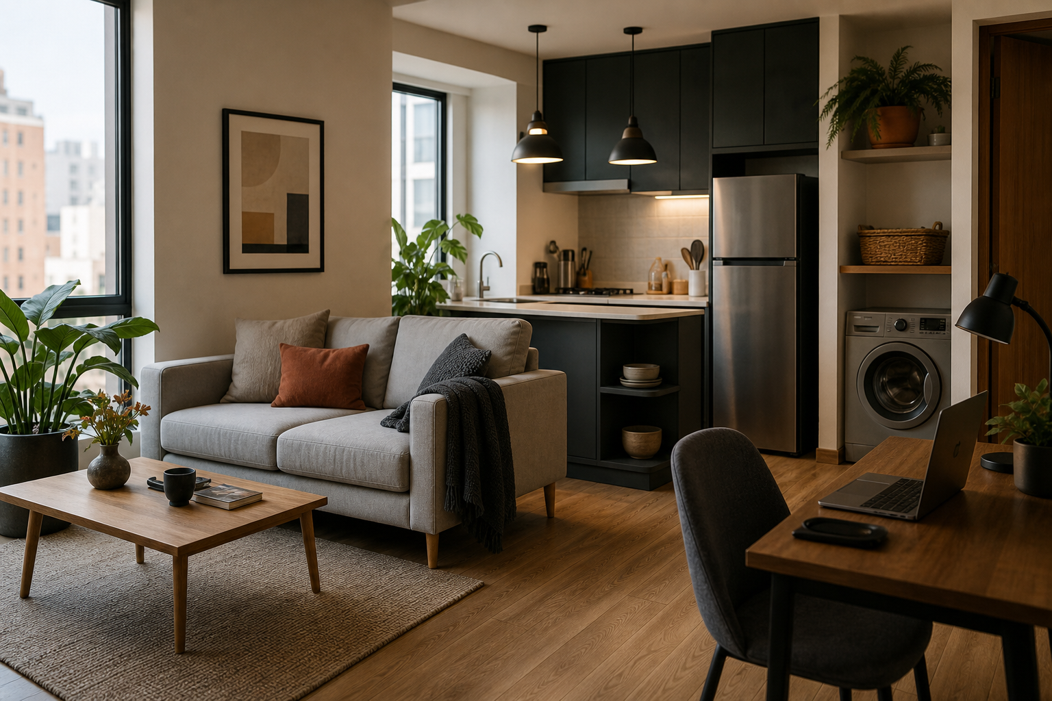 A warm furnished San Rafael apartment with kitchen, laundry and remote-work desk