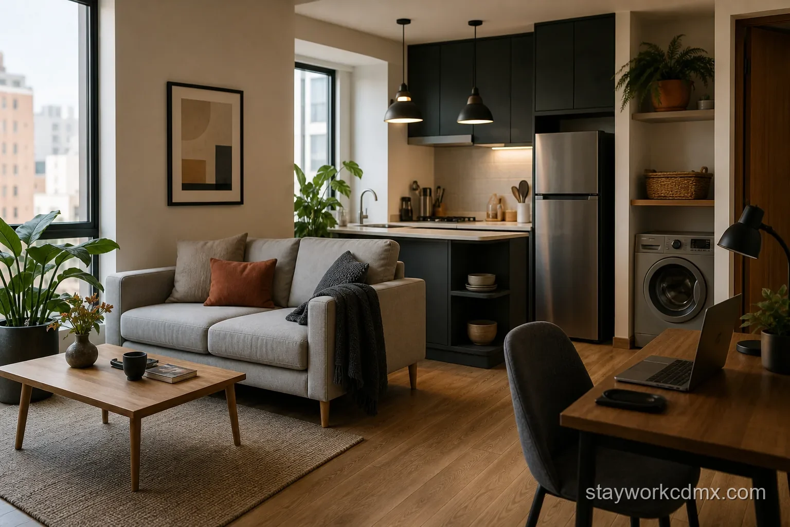 A warm furnished San Rafael apartment with kitchen, laundry and remote-work desk