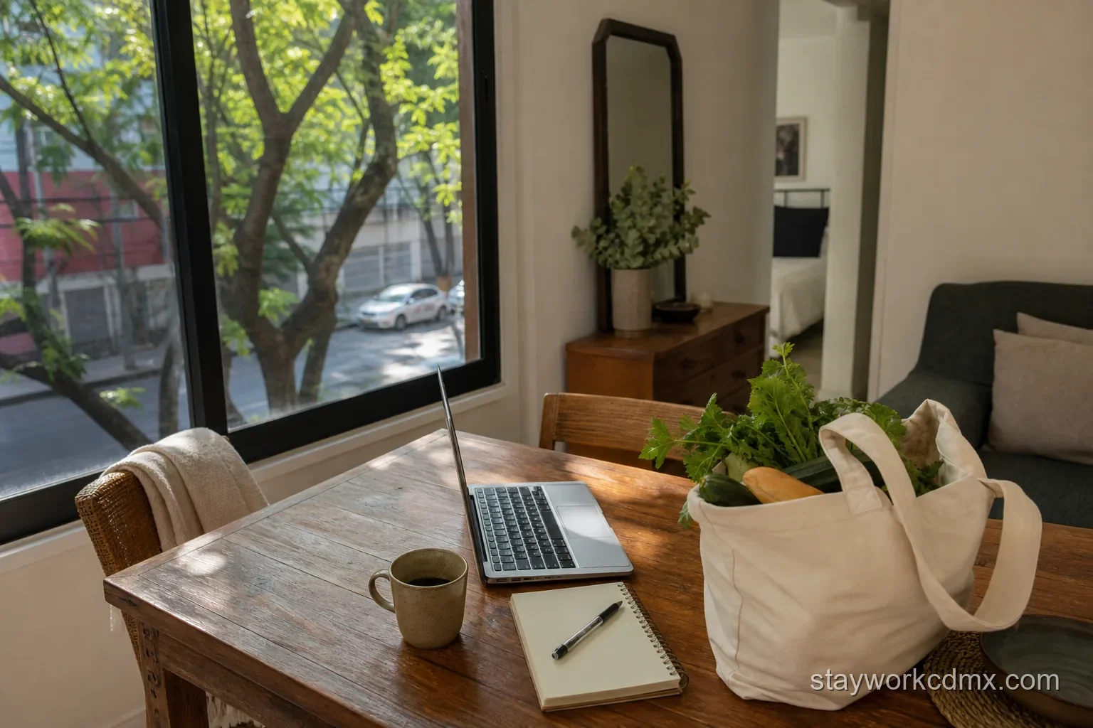A San Rafael apartment table with a laptop, groceries and a monthly budget notebook