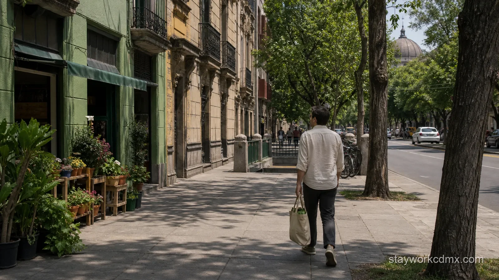 A San Rafael monthly renter carrying groceries between a neighborhood market, transit stop and historic residential streets.