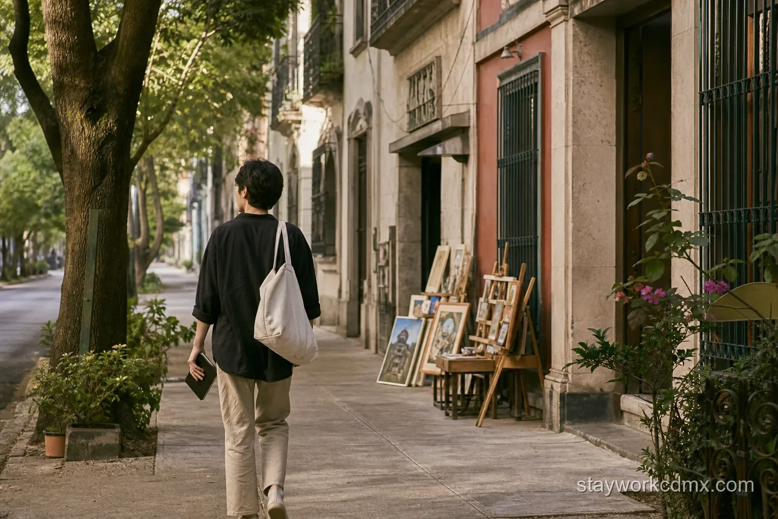 A leafy San Rafael street walk past local art and older facades
