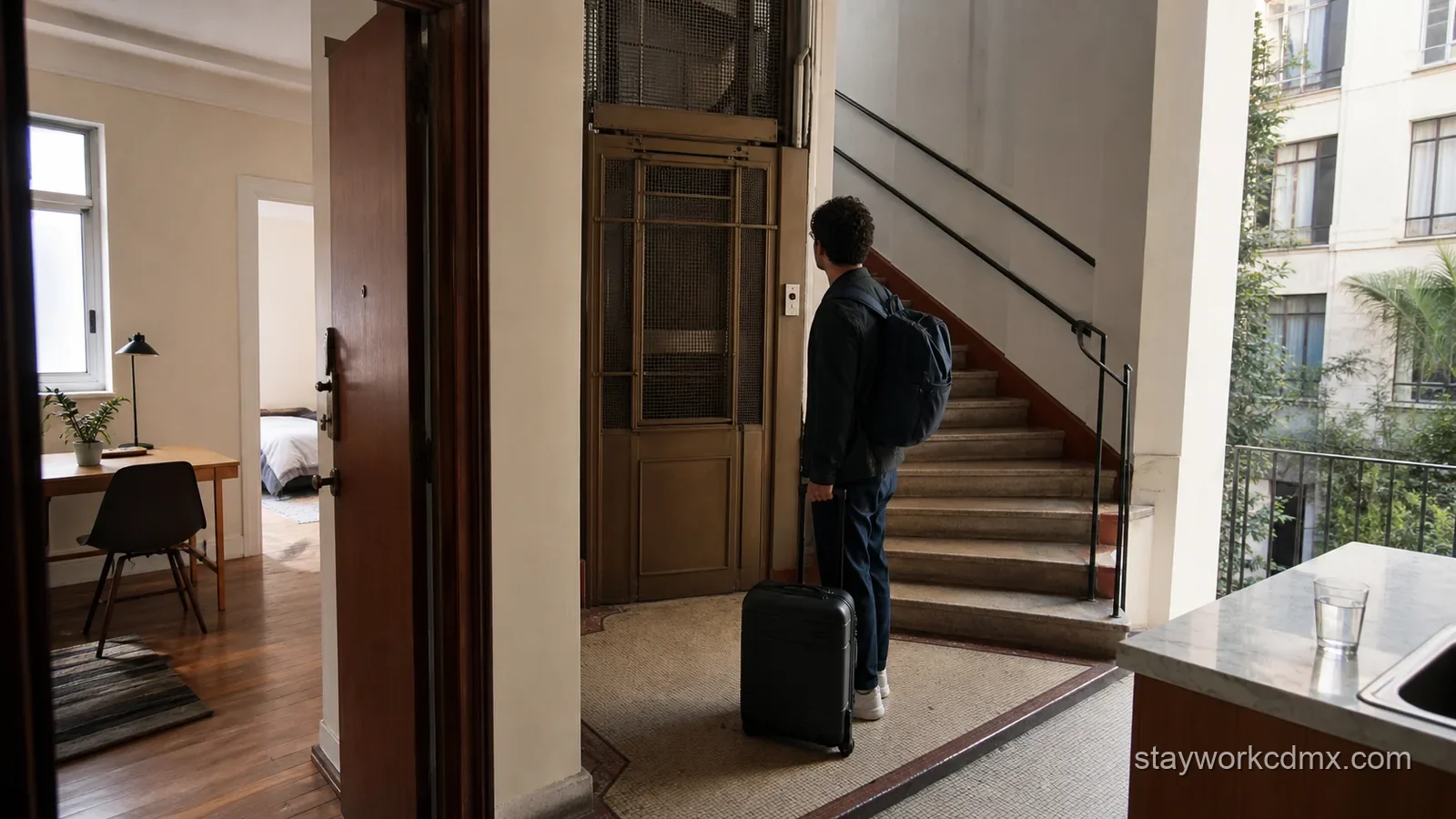 A monthly-stay guest checks an older San Rafael building’s lobby, stairs, lift access and apartment setup on arrival.