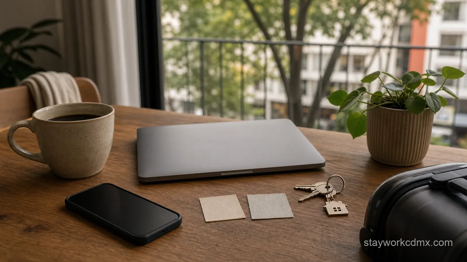 A laptop, keys, transit card, coffee, and apartment notes show a final monthly apartment booking decision between San Rafael and Roma Norte in CDMX.