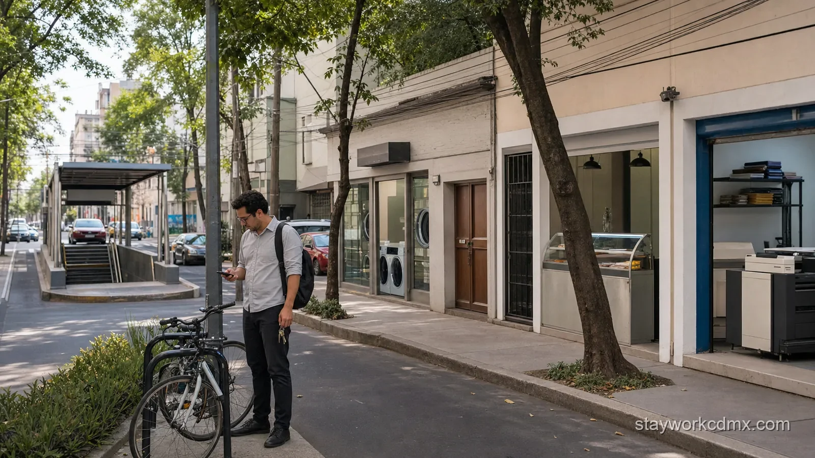 Long-stay resident near a San Rafael transit entrance with laundromat, meal, and workday service options on the same block.