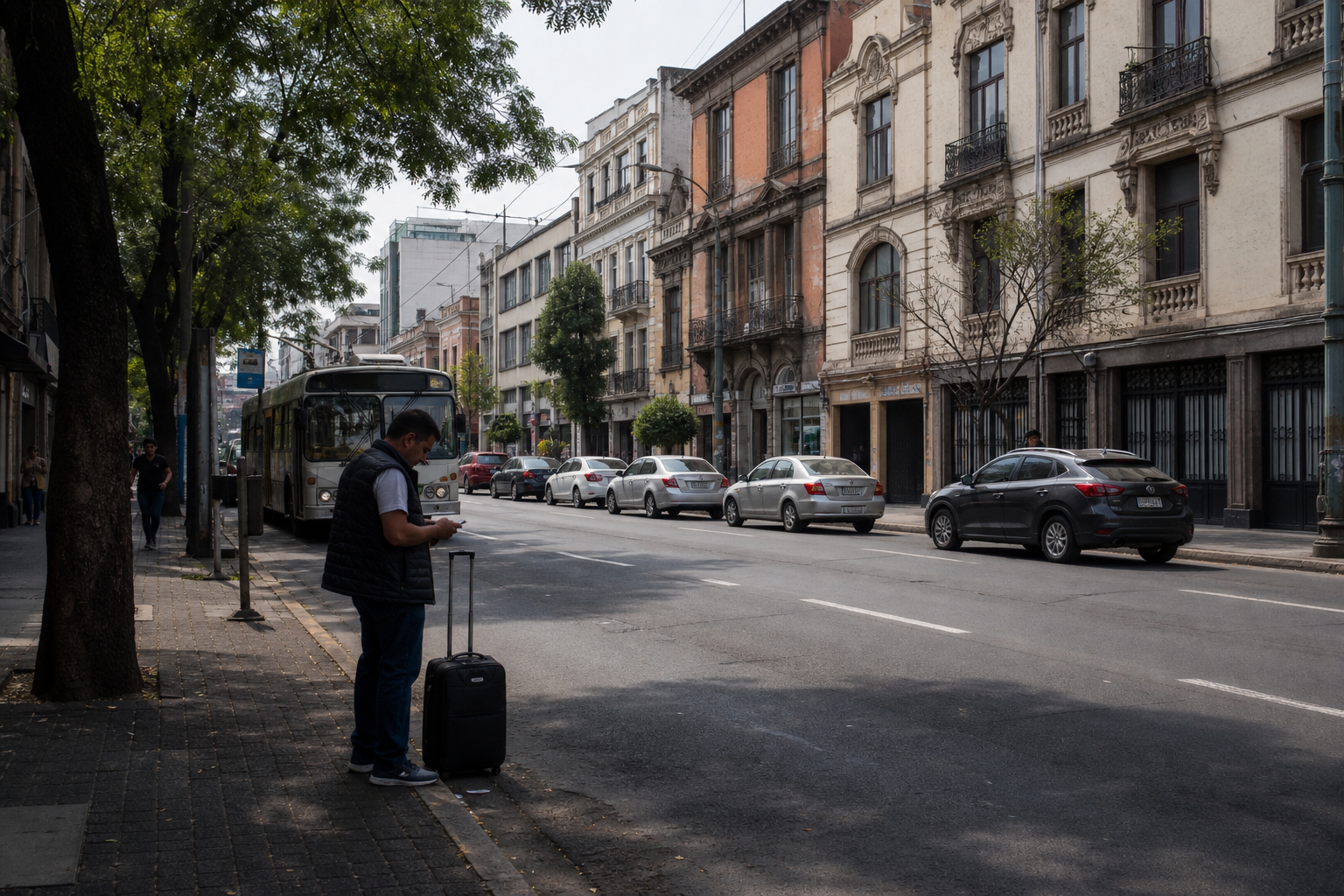A traveler with a suitcase checking transit on a San Rafael street