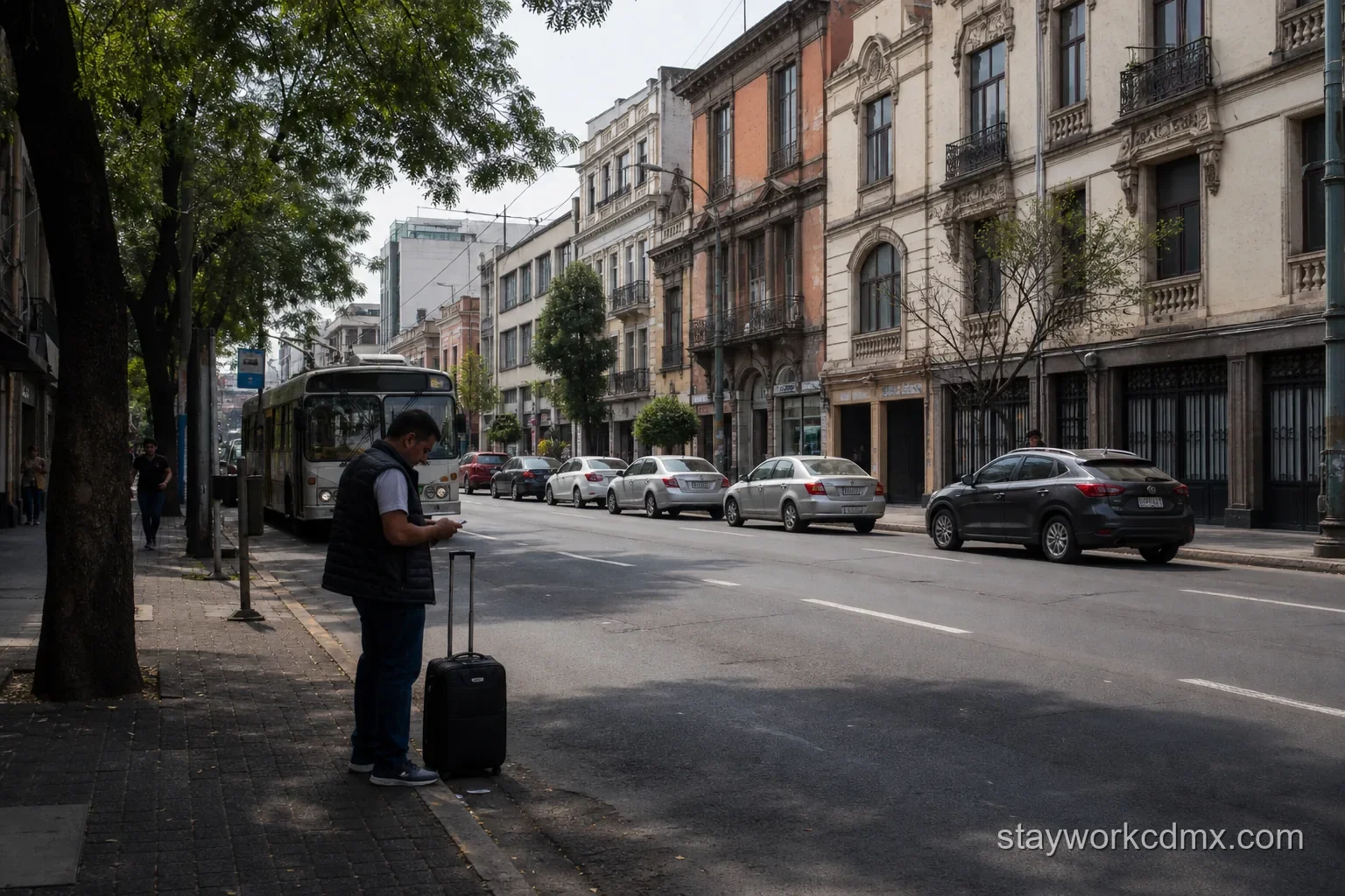 A traveler with a suitcase checking transit on a San Rafael street