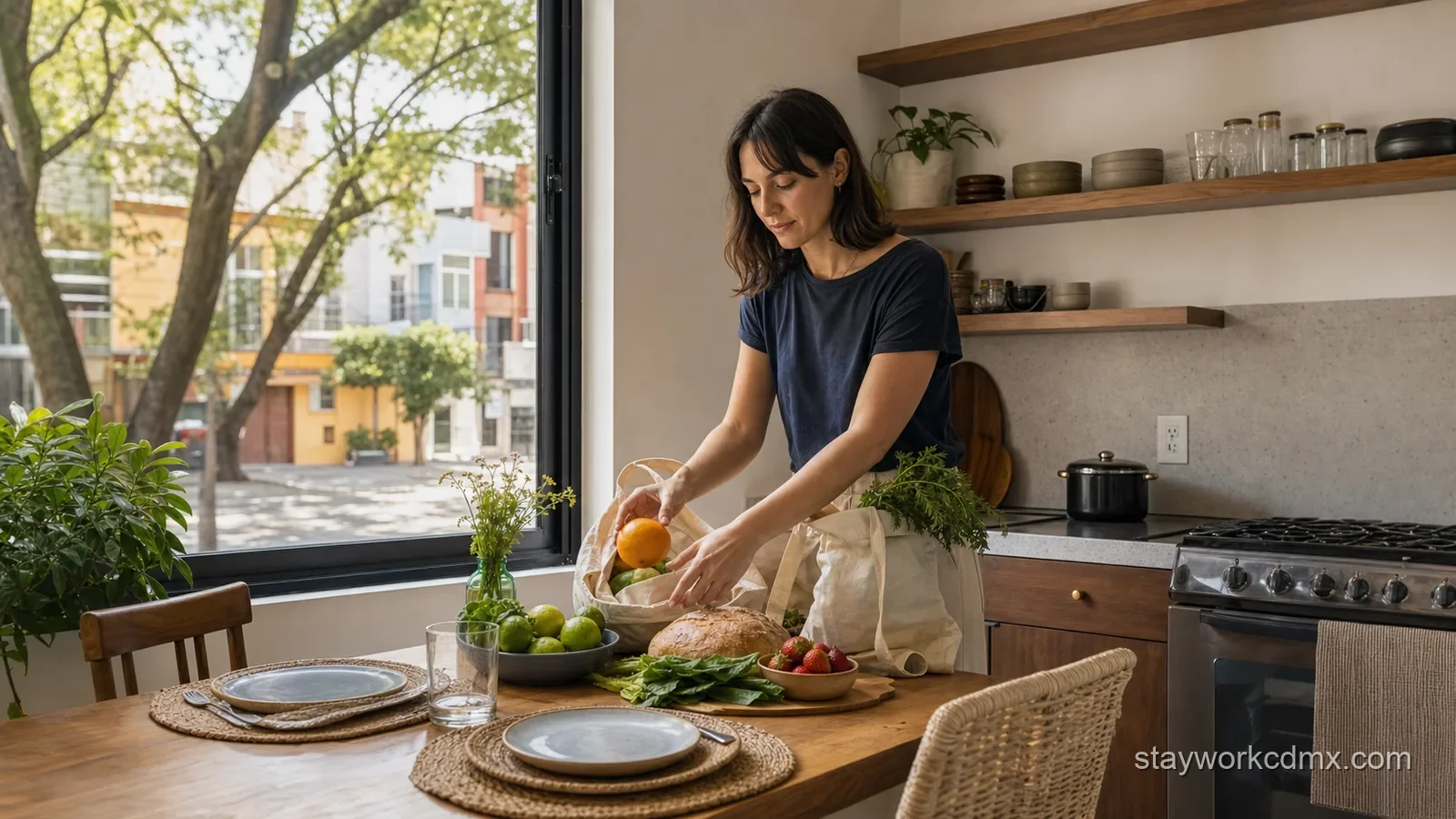 Resident arranging everyday groceries in a sunlit San Rafael apartment during a relaxed two-day Mexico City food itinerary.