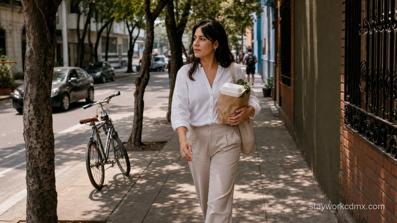 A San Rafael resident walks home with an unbranded lunch container and small everyday groceries on a weekday afternoon.