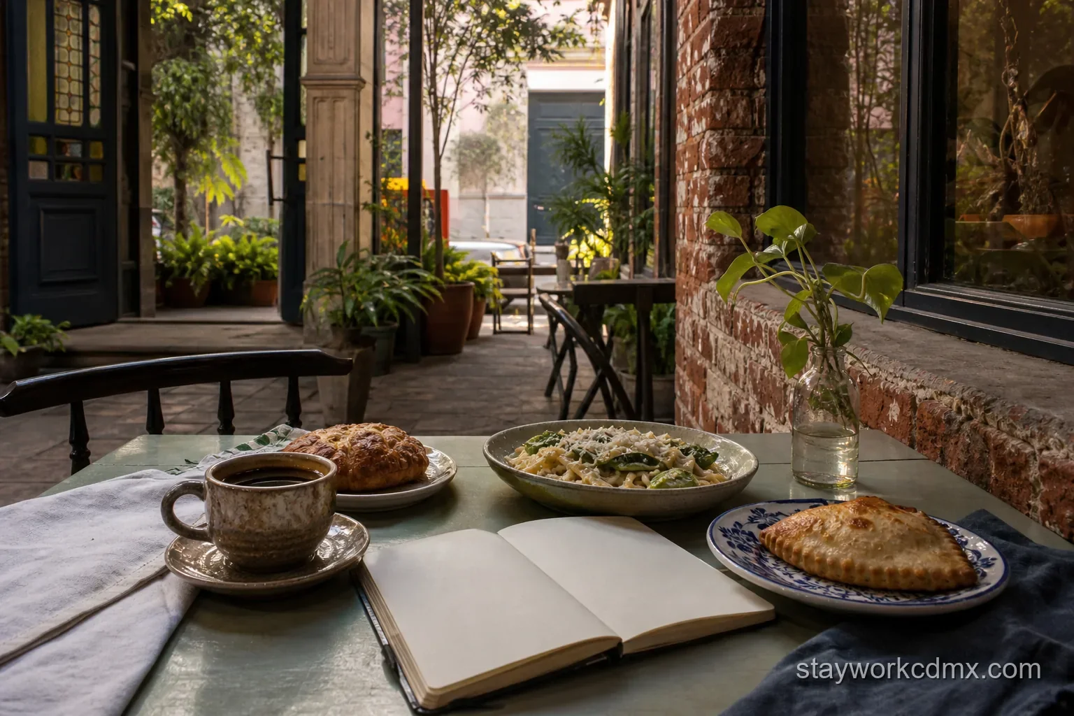 Coffee, pastry, pasta and a Russian-style hand pie in a historic Santa María la Ribera courtyard