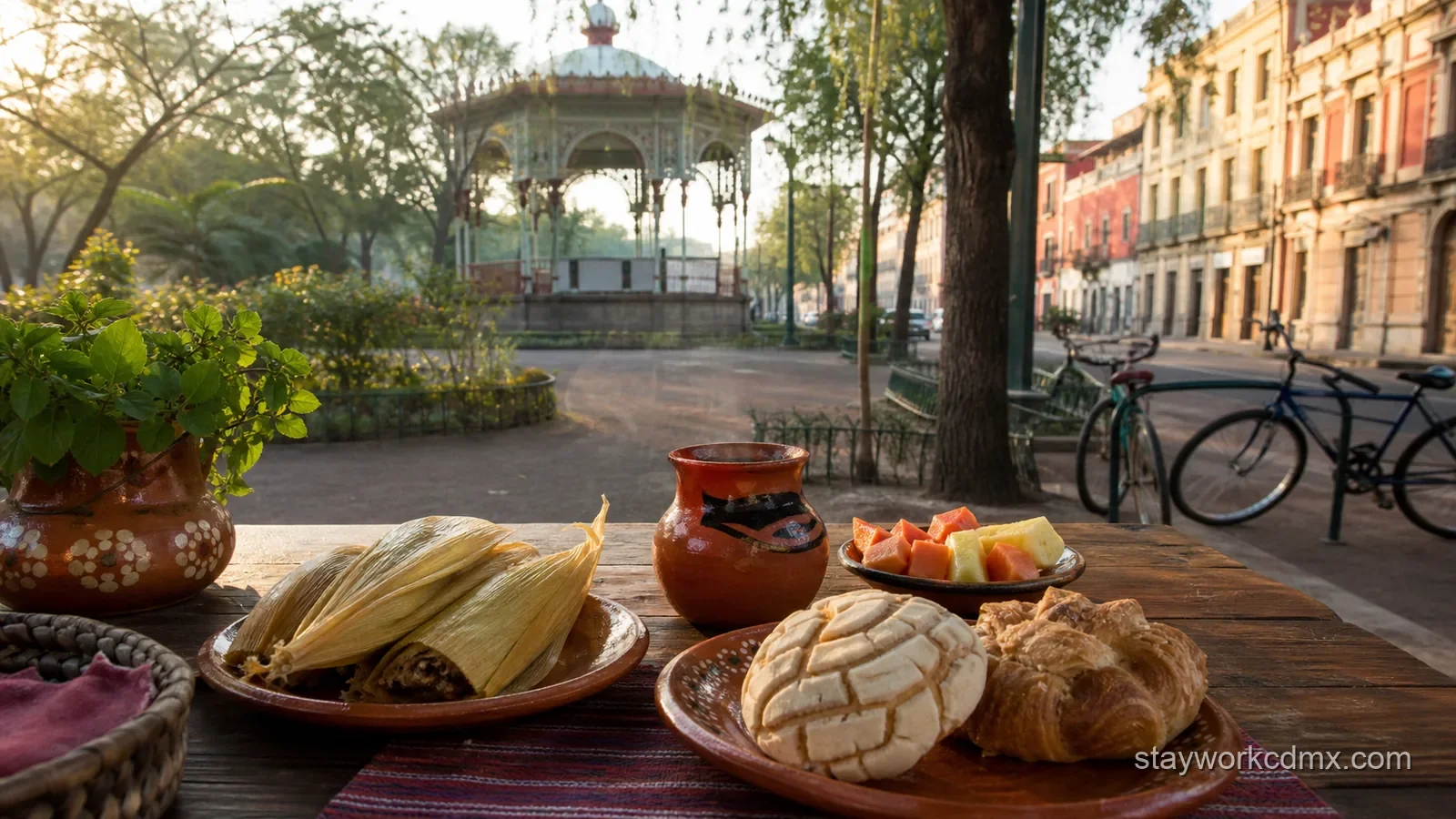 Tamales, fruit, pan dulce and coffee with the Kiosco Morisco in Santa María la Ribera