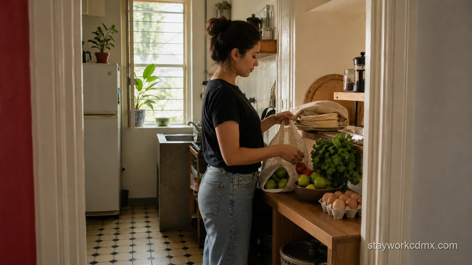 Long-stay renter restocking fresh groceries in a furnished Santa María la Ribera apartment kitchen.