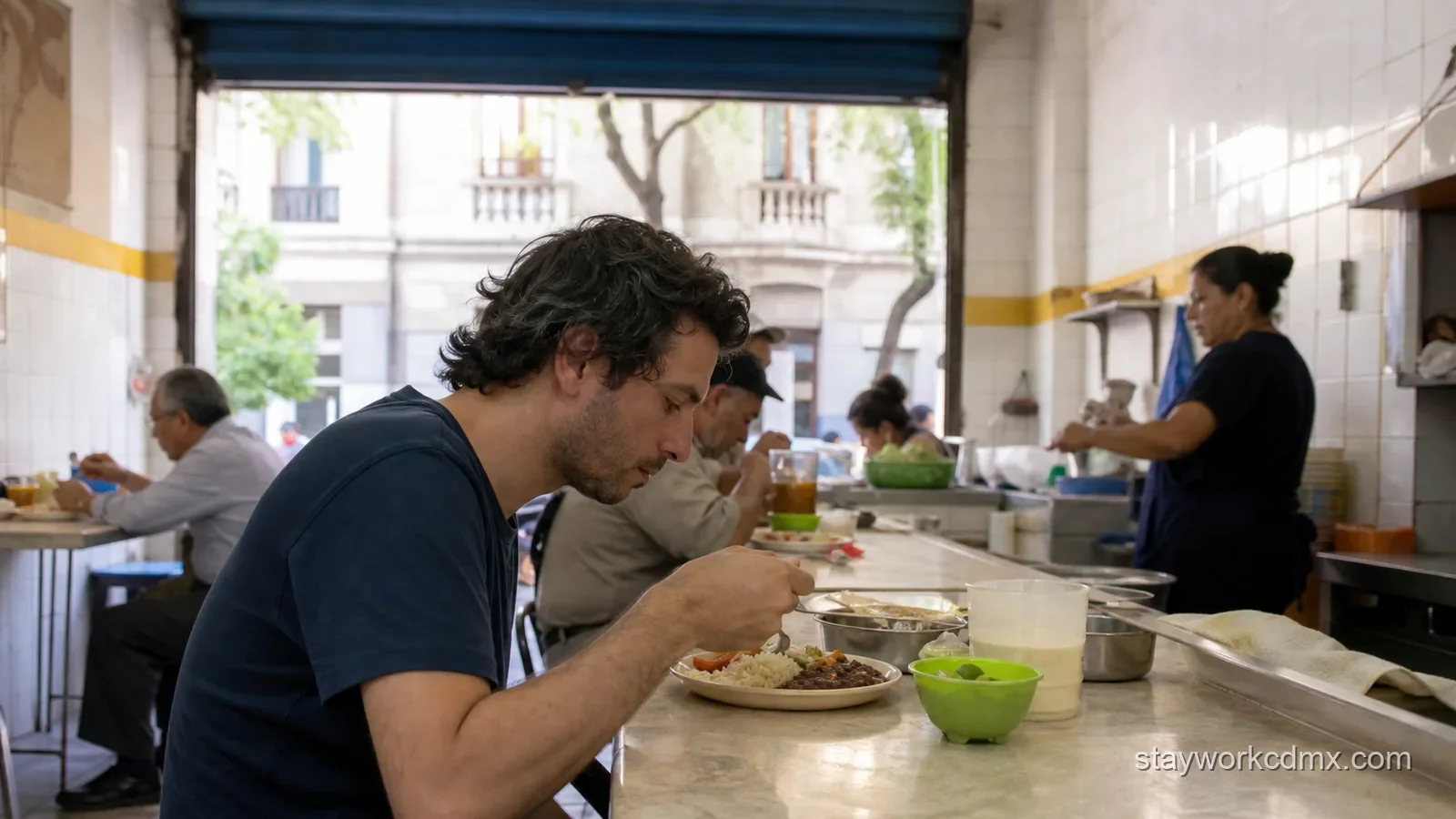 Long-stay renter having a simple weekday lunch at an unbranded neighborhood comedor near Santa María la Ribera apartments.