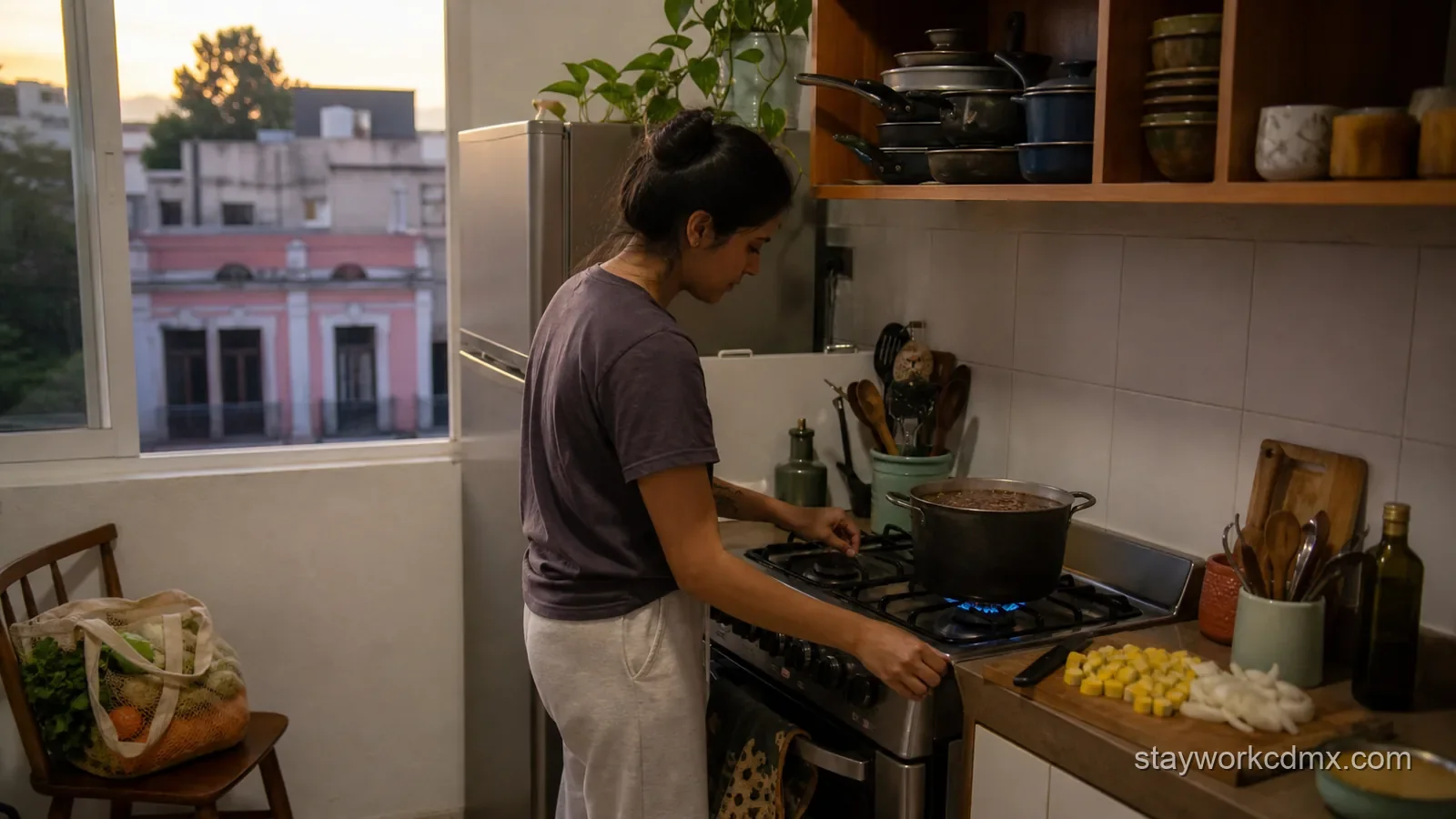 Remote worker cooking an affordable meal in a functional furnished apartment kitchen in Santa María la Ribera.