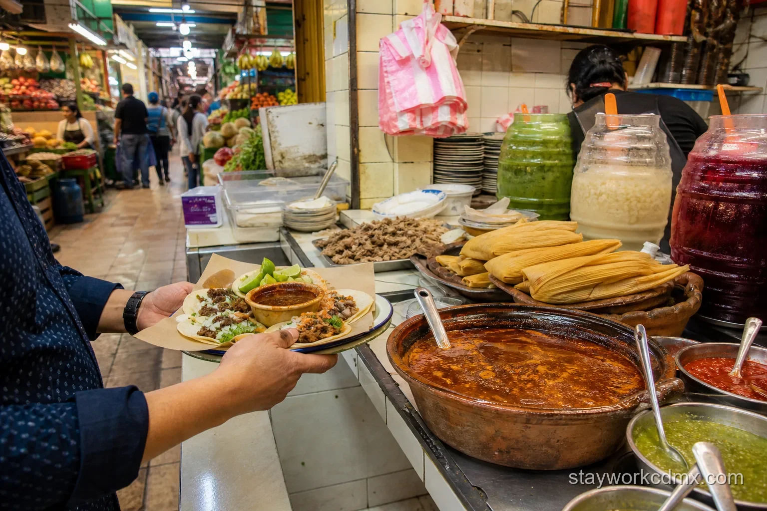 Barbacoa tacos, tamales and aguas frescas inside a Mexico City neighborhood market