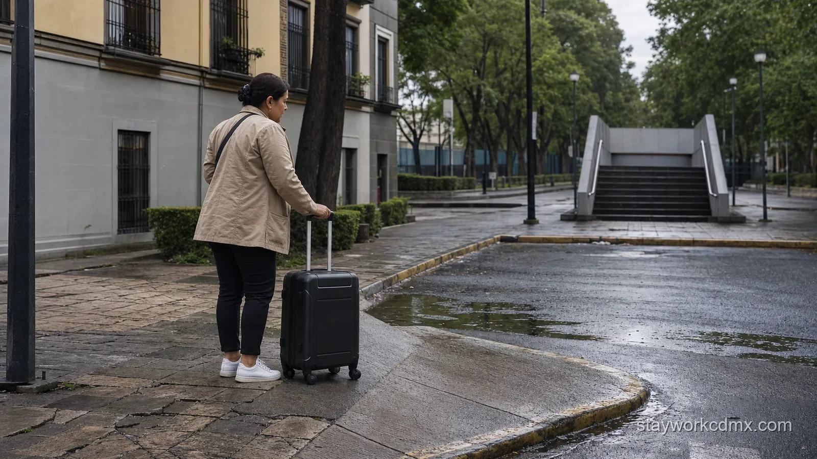 Long-stay resident testing a rain-damp curb ramp and final walk toward an unbranded transit entrance in Santa María la Ribera with a wheeled suitcase.