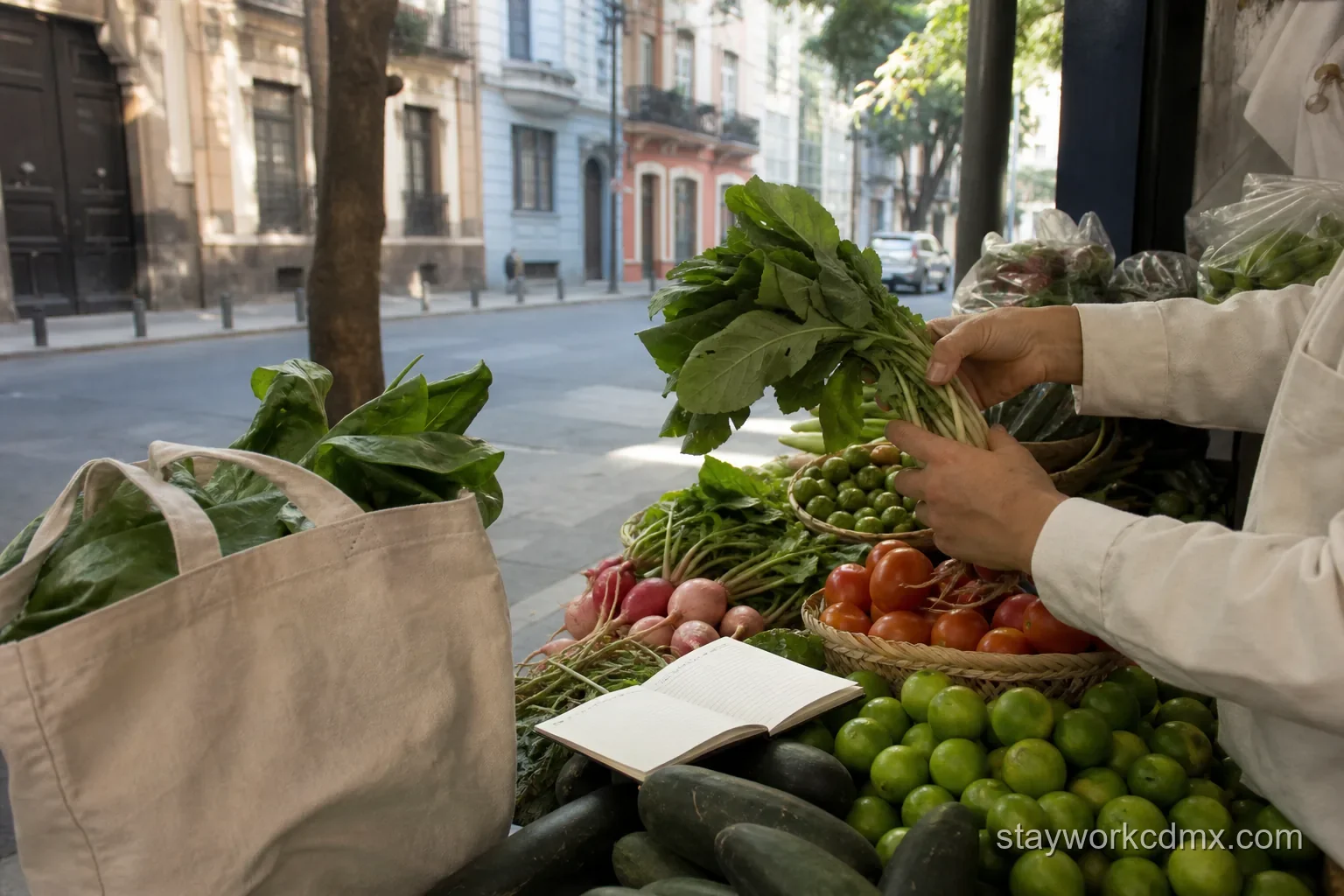 Remote worker choosing leafy greens and fruit at a Santa María la Ribera market stall for a month of apartment cooking.