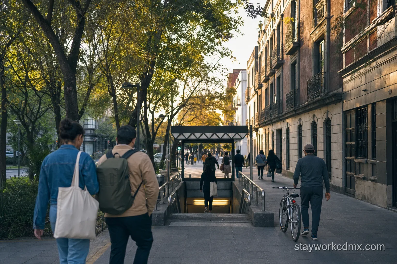 A Santa María la Ribera resident walking through the Alameda before a remote-work day.