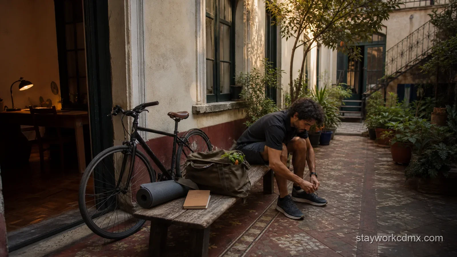 Resident parking a bicycle and changing into running shoes in a Santa María la Ribera apartment courtyard after nearby errands.