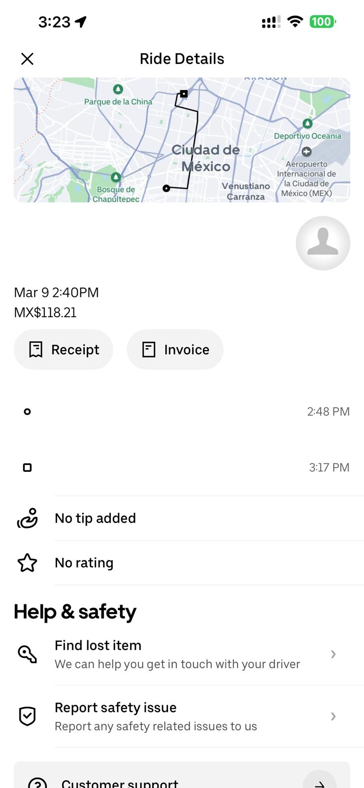 Redacted Uber Wait and Save receipt from March 9 showing a MXN 118.21 ride across central Mexico City.