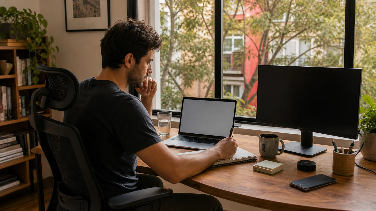 A US-client remote worker uses a proper desk setup in Mexico City between calls and focused work blocks.