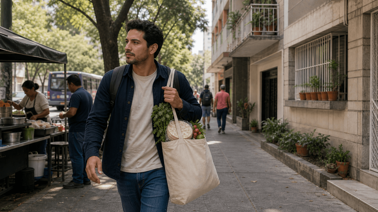 Nómada digital haciendo mandados y comprando comida local en una calle residencial de Narvarte en Ciudad de México.
