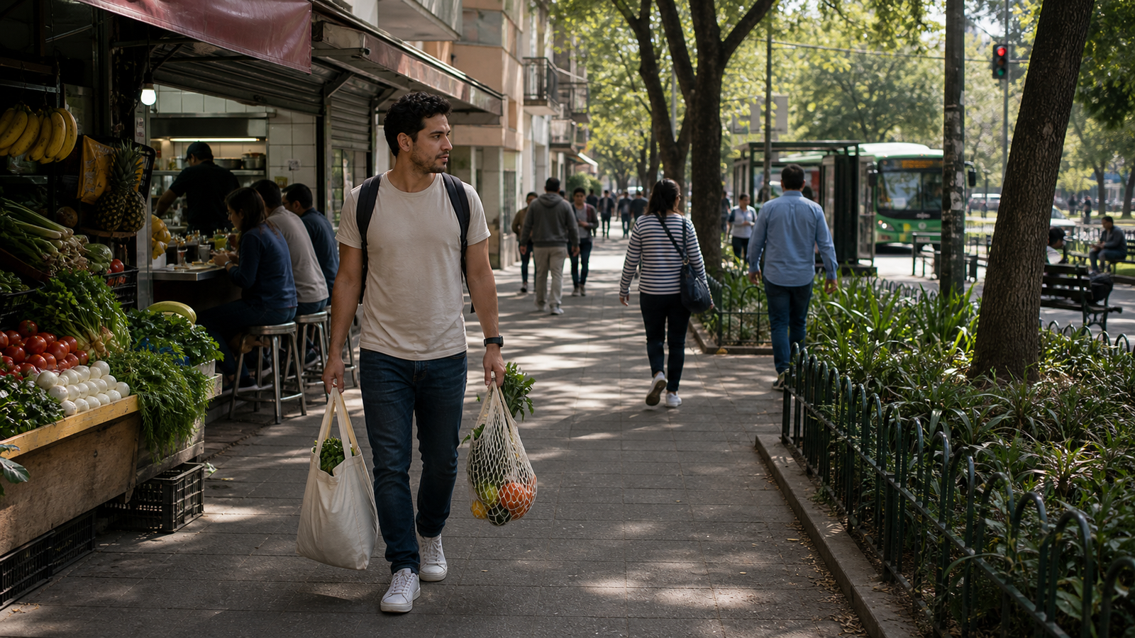 Persona caminando con bolsas de mandado en una calle residencial de Narvarte, cerca de puestos de mercado, fondas, transporte y áreas verdes.